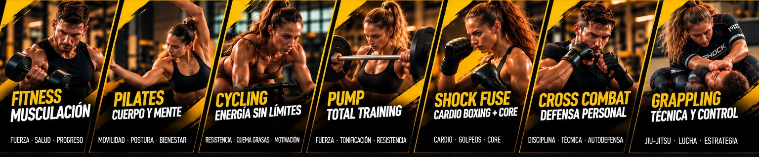 Fitness Musculación, Pilates, Cycling, PUMP, SHOCK FUSE, Cross Combat y Grappling